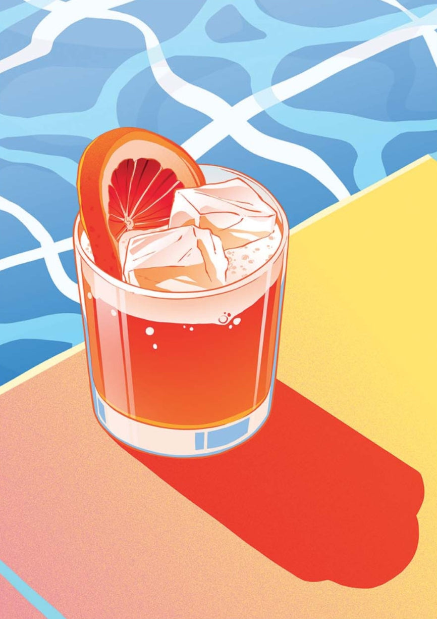 Poolside Cocktail Postcard by Barrie Jones featuring an illustration of a cocktail with an orange slice on a poolside background
