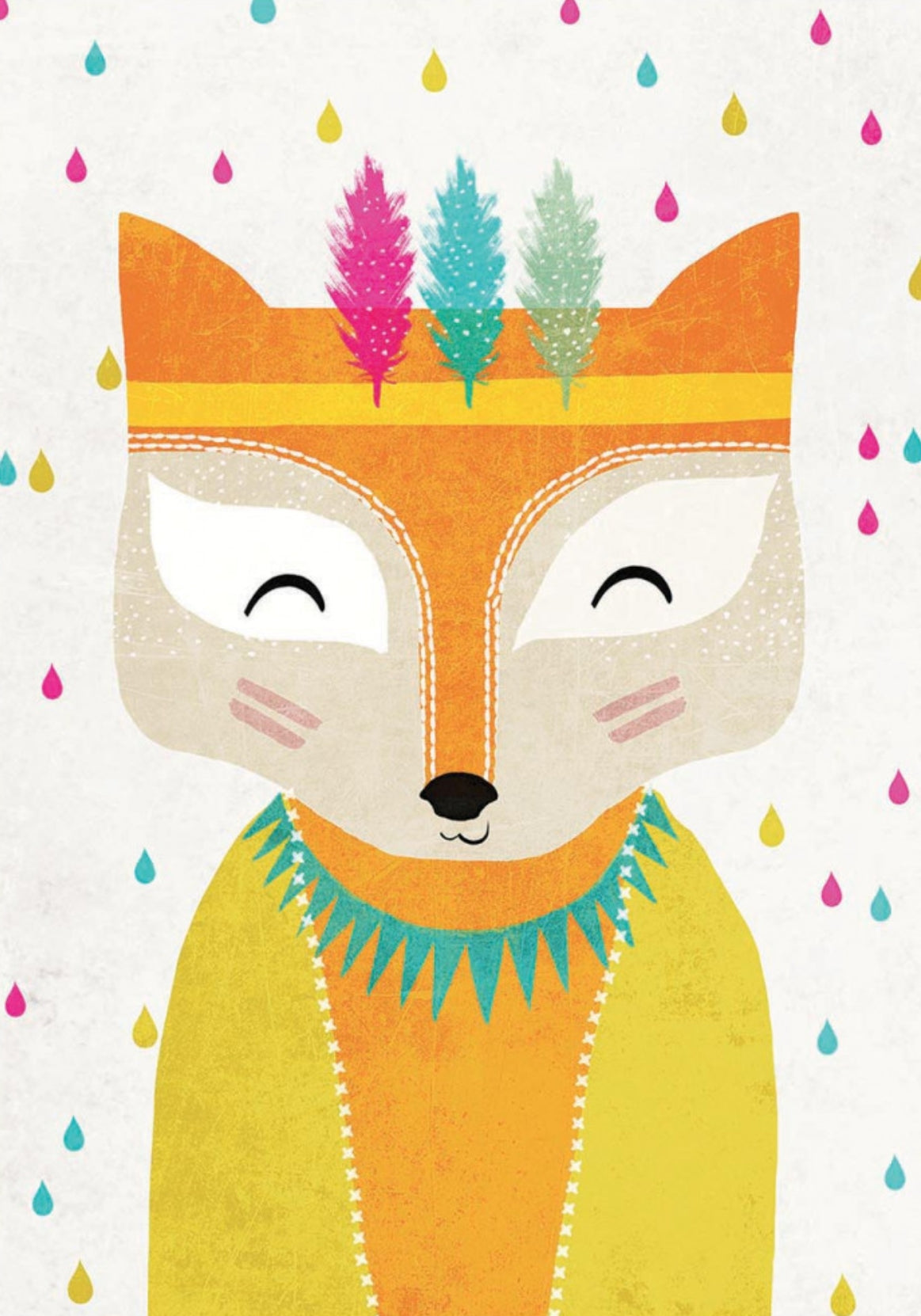 Rainmaker Fox Postcard by Treechild featuring a bright and colorful illustration of a fox with colorful raindrops falling in the background.