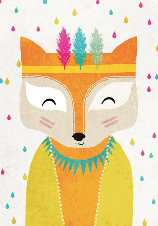 Rainmaker Fox Postcard by Treechild featuring a bright and colorful illustration of a fox with colorful raindrops falling in the background.