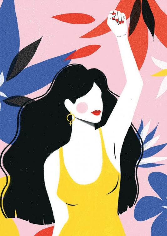 Speakout Postcard by Maja Tomljanovic featuring an illustration of a woman with raised fist against a colorful abstract background