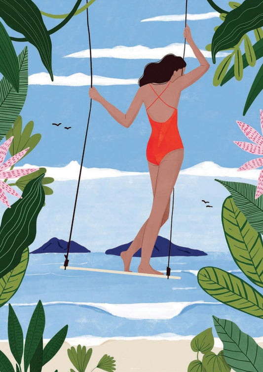Swing Postcard illustrated by Maja Tomljanovic featuring a woman in a red swimsuit on a swing with a tropical background in front of the ocean.