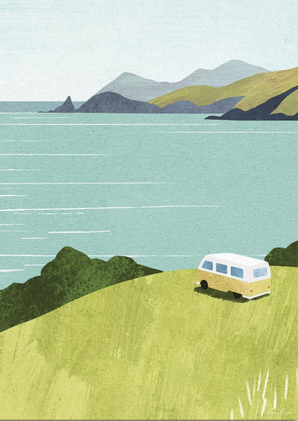 Van Life Postcard Illustrated by Henry Rivers featuring an illustration of a camper van parked in a meadow looking out over water with mountains in the distance.