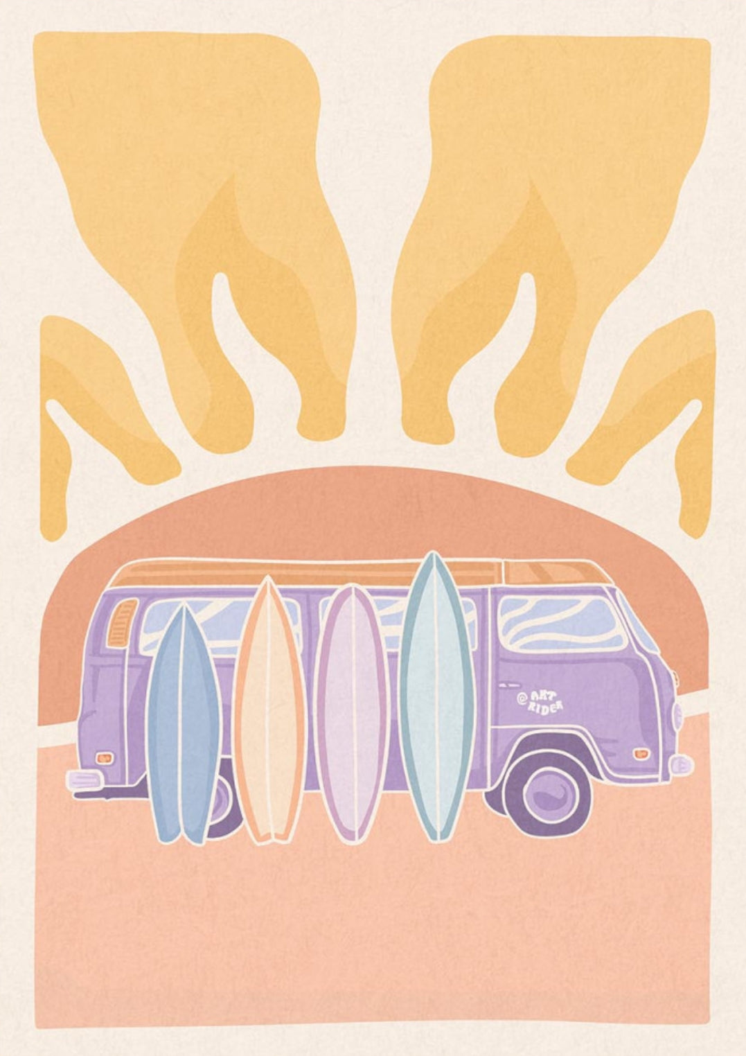 Van and Sunset Postcard by Art Rider featuring an illustration of a purple van with surfboards against a sun background