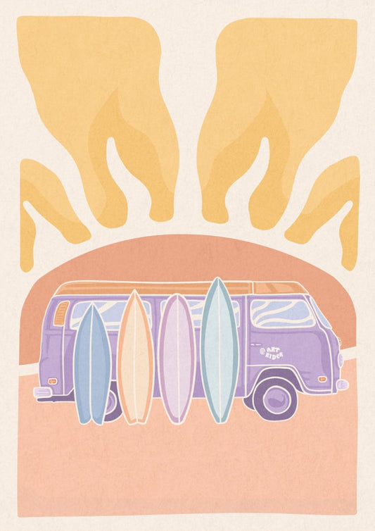 Van and Sunset Postcard by Art Rider featuring an illustration of a purple van with surfboards against a sun background