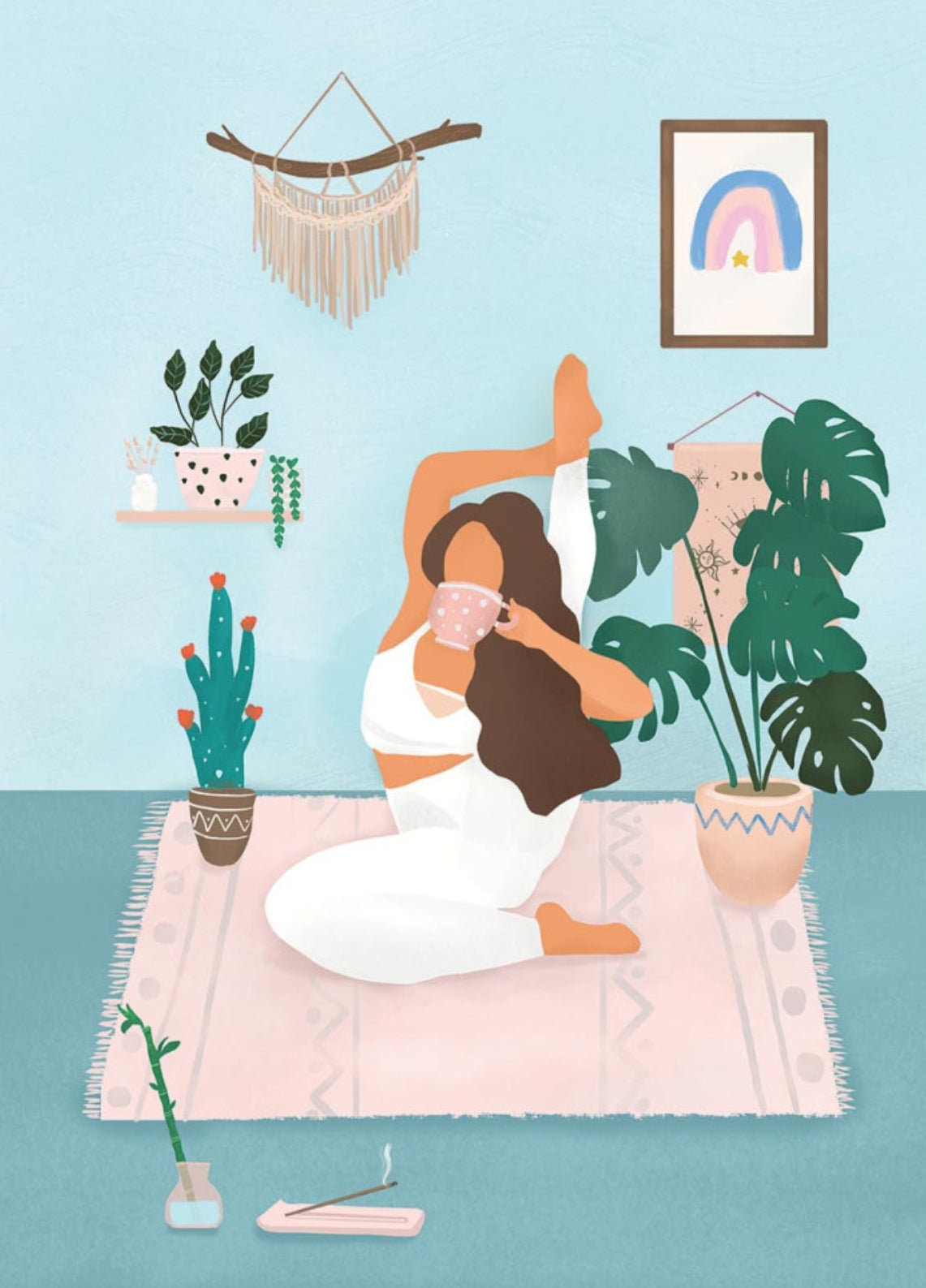 Yoga Time Postcard by Petra Lizde featuring an illustration of a woman doing yoga while sipping a cup of coffee with plants and incense.