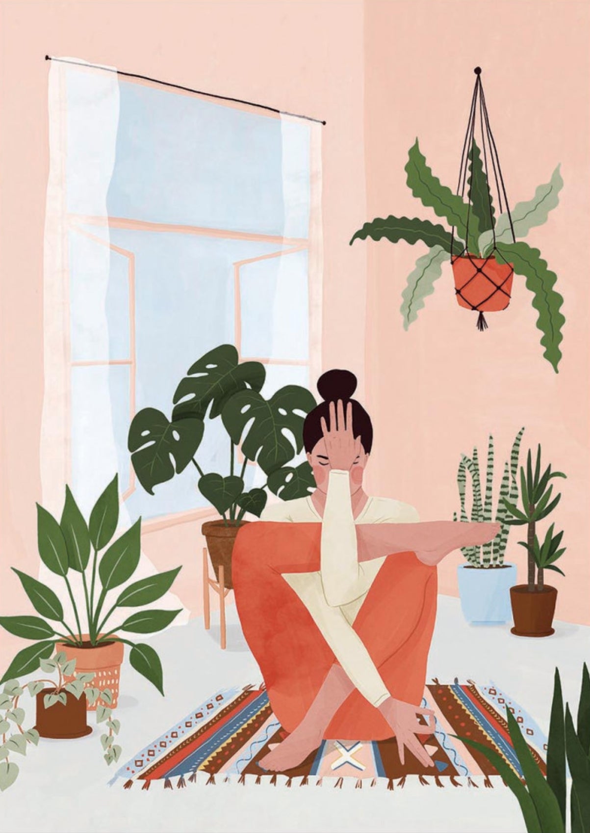 Yoga and Plants Postcard by Maja Tomljanovic featuring an illustration of a woman in a yoga post on the floor with plants around her.
