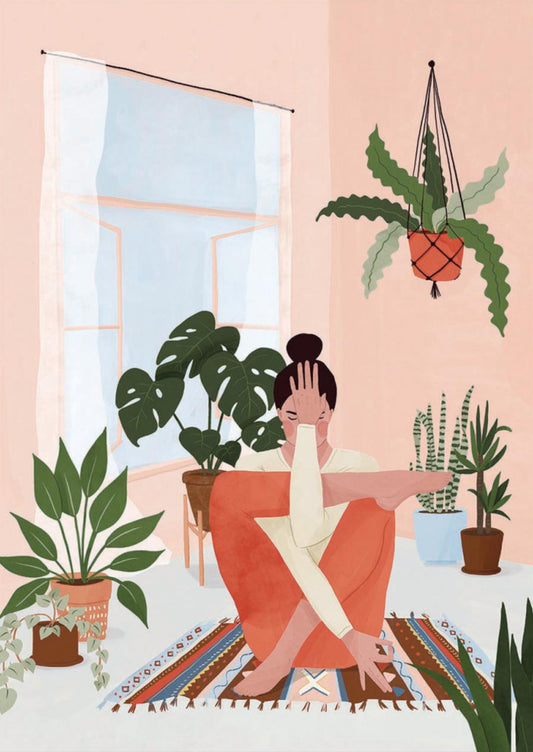 Yoga and Plants Postcard by Maja Tomljanovic featuring an illustration of a woman in a yoga post on the floor with plants around her.
