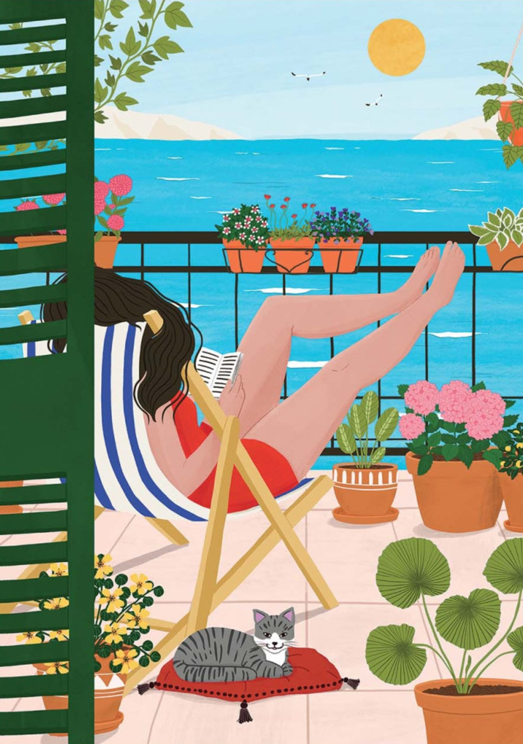 Summer East Postcard by Maja Tomljanovic featuring an illustration of a woman relaxing on a balcony with a cat, plants and ocean view