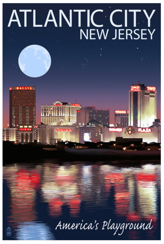Lantern Press Postcard of Atlantic City, New Jersey with illuminated casinos and a full moon.