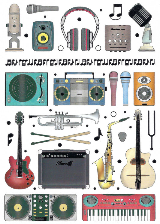 Quire - Music - Musical Instruments - Record Player - Microphone - Guitar -Trumpet - Headphones - Keyboard - Postcard with foil details