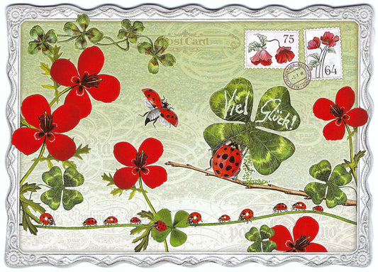 Auguri by Barbara Behr - Shamrocks - Ladybugs - Good Luck - Flowers - Postcard