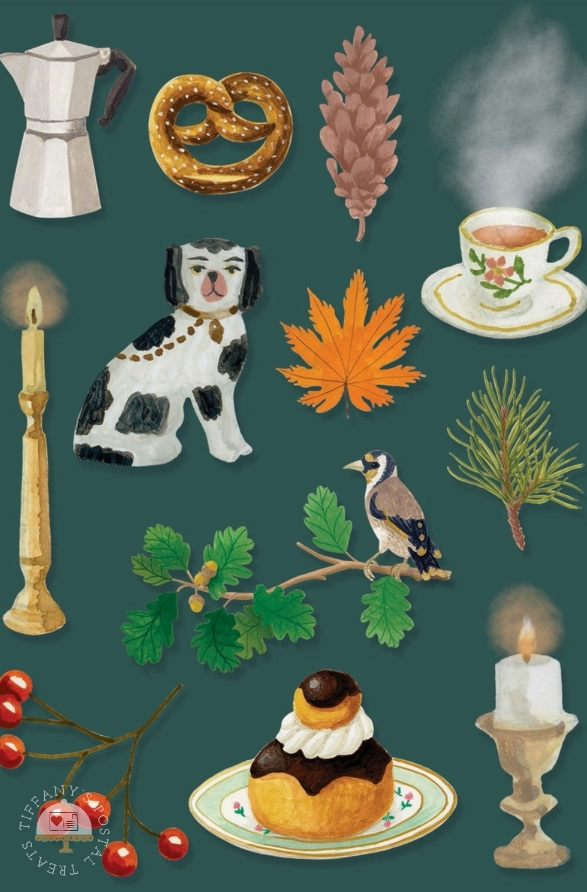 Autumn-Themed Postcard by Mélanie Voituriez featuring a collection of illustrated autumn and cozy objects on a dark teal background, including a moka pot, pretzel, pinecone, teacup, candlestick, dog figurine, maple leaf, bird on branch, greenery, and red berries.