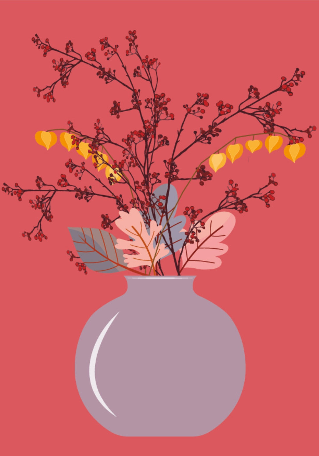 Autumn Branches Postcard by Nobis Design featuring a round lavender vase filled with autumnal branches, including yellow bell-shaped flowers, pink leaves, and dark red twig branches, set against a solid coral-red background.