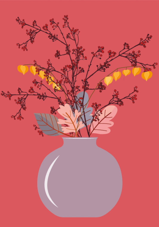 Autumn Branches Postcard by Nobis Design featuring a round lavender vase filled with autumnal branches, including yellow bell-shaped flowers, pink leaves, and dark red twig branches, set against a solid coral-red background.