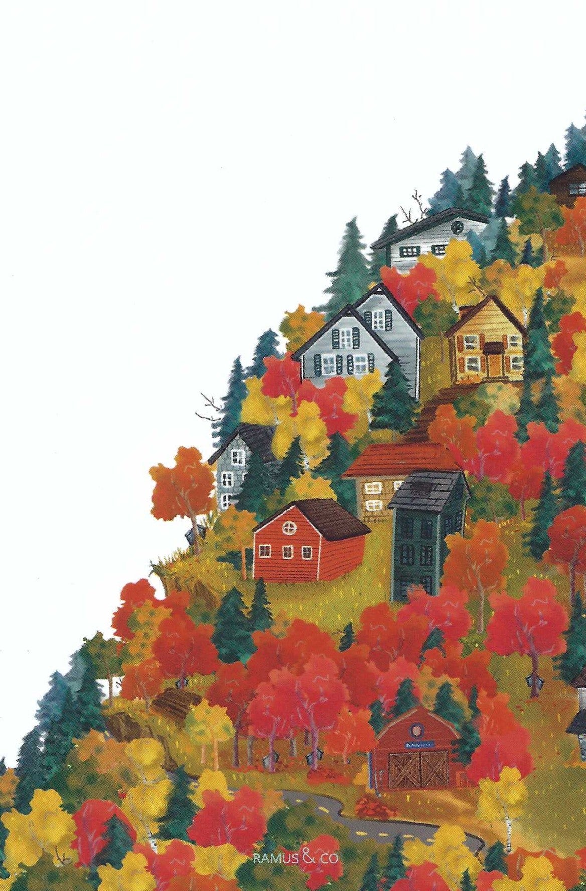 Autumn Foliage Postcard by Ramus & Company featuring a colorful hillside village in autumn, with red, orange, and yellow foliage, evergreen trees, and several houses and cabins.