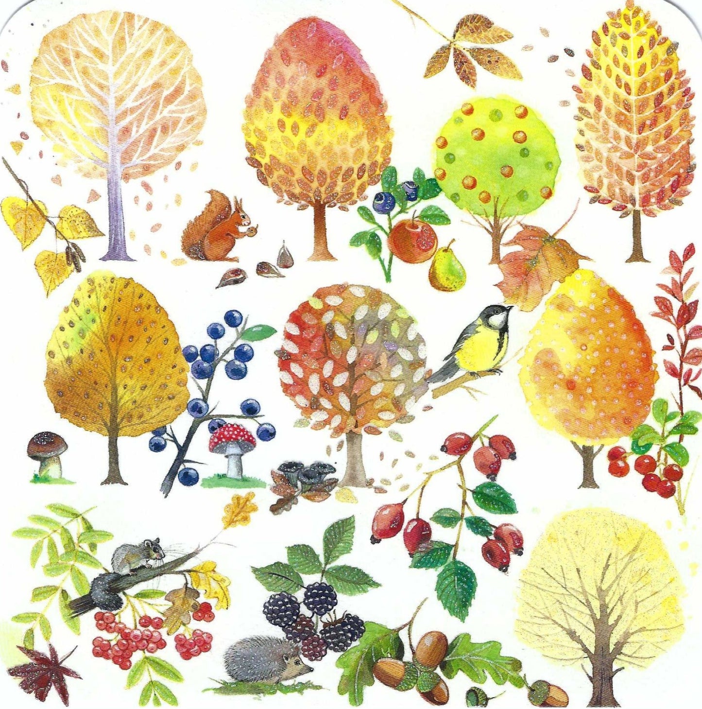 Autumn Forest Postcard by Kristiana Heinemann featuring an illustration of autumn trees, animals, and berries on a white background