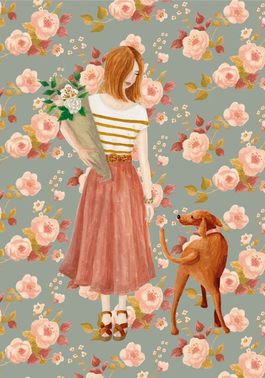 Autumn Postcard by MÉLANIE VOITURIEZ featuring an illustration of a woman with a dog and flowers on a floral patterned background.