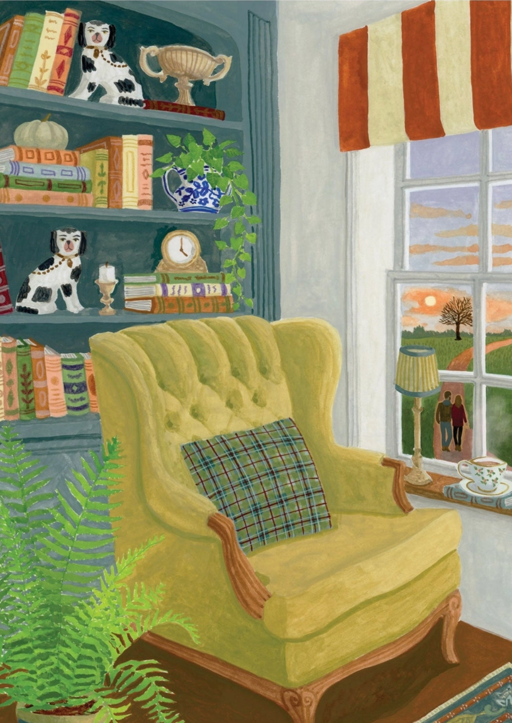 Autumn Vibrations Postcard by Mélanie Voituriez featuring a cozy yellow tufted armchair with a plaid pillow, set in a room with blue shelves, books, a striped window valance, and a window showing an outdoor sunset scene.