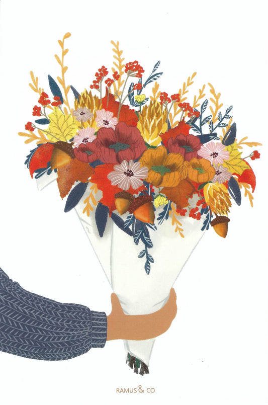 Autumn Bouquet Postcard by Ramus & Company featuring a bouquet of autumn flowers being held