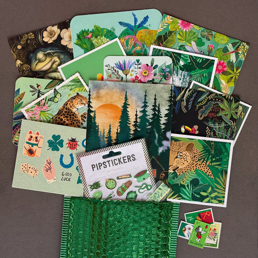 Shades of Green – Curated Postcard Pack with Stickers & Washi Tape