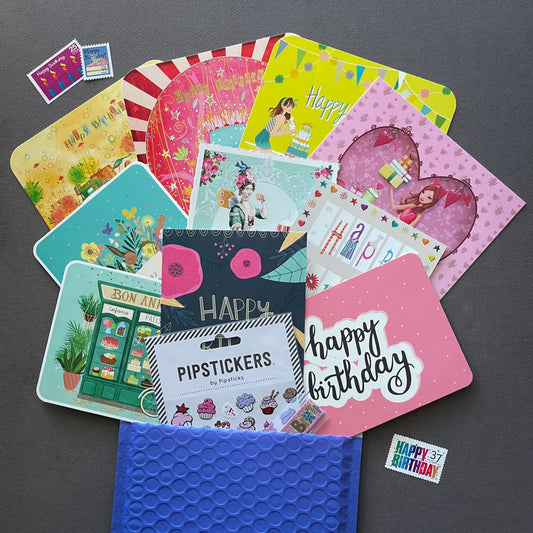 Happy Birthday Postal Pack - Mix of Premium Birthday Postcards, Stickers and Washi Tape