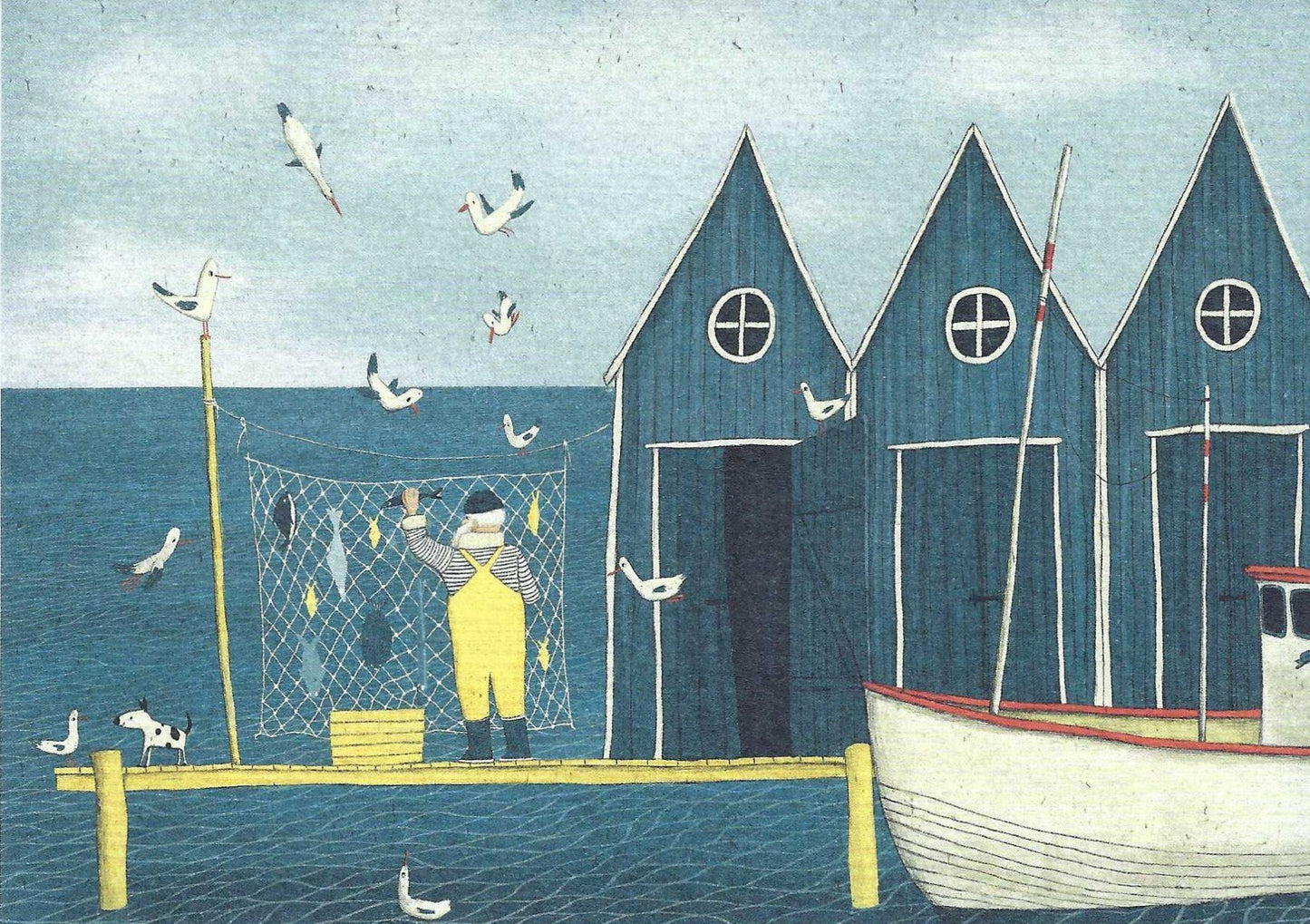 Back from Fishing Postcard featuring a fisherman on a dock with blue fishing huts, seagulls, a dog and a boat.