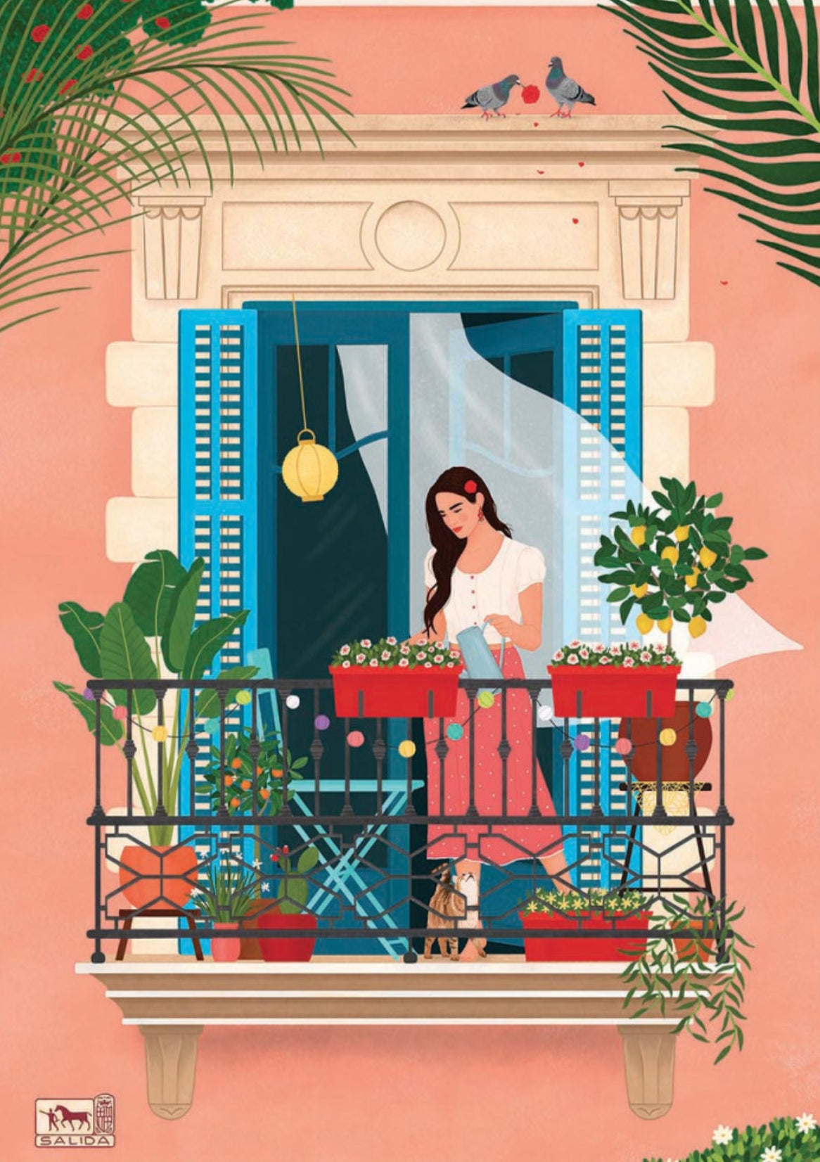 Postcard by Petra Holikova featuring an illustration of a woman watering plants on a sunny balcony with a cat at her feet and potted flowers around her.