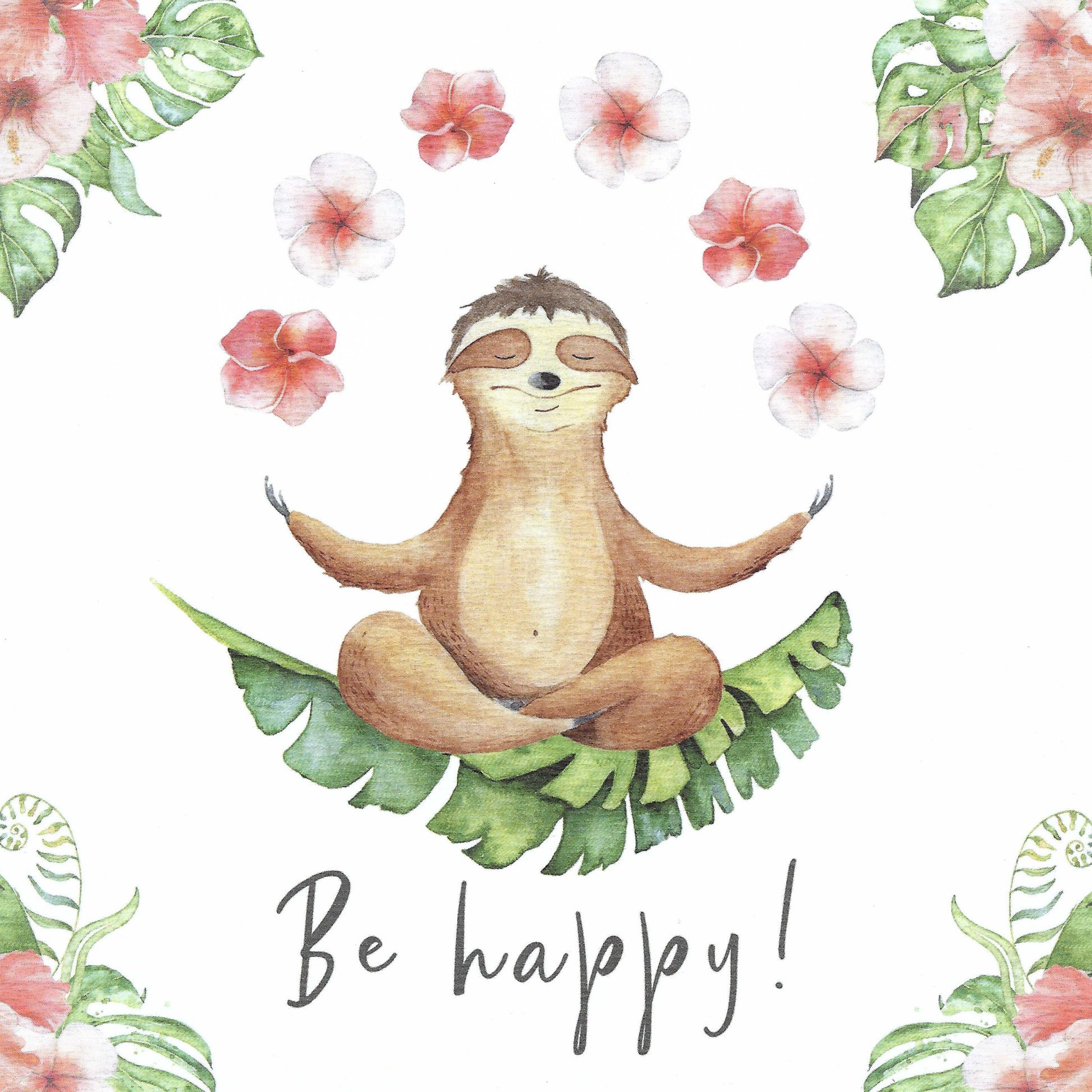 Edition Gollong postcard featuring a  Sloth in a meditative pose surrounded by flowers and leaves with 'Be happy!' text.