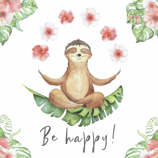 Edition Gollong postcard featuring a  Sloth in a meditative pose surrounded by flowers and leaves with 'Be happy!' text.