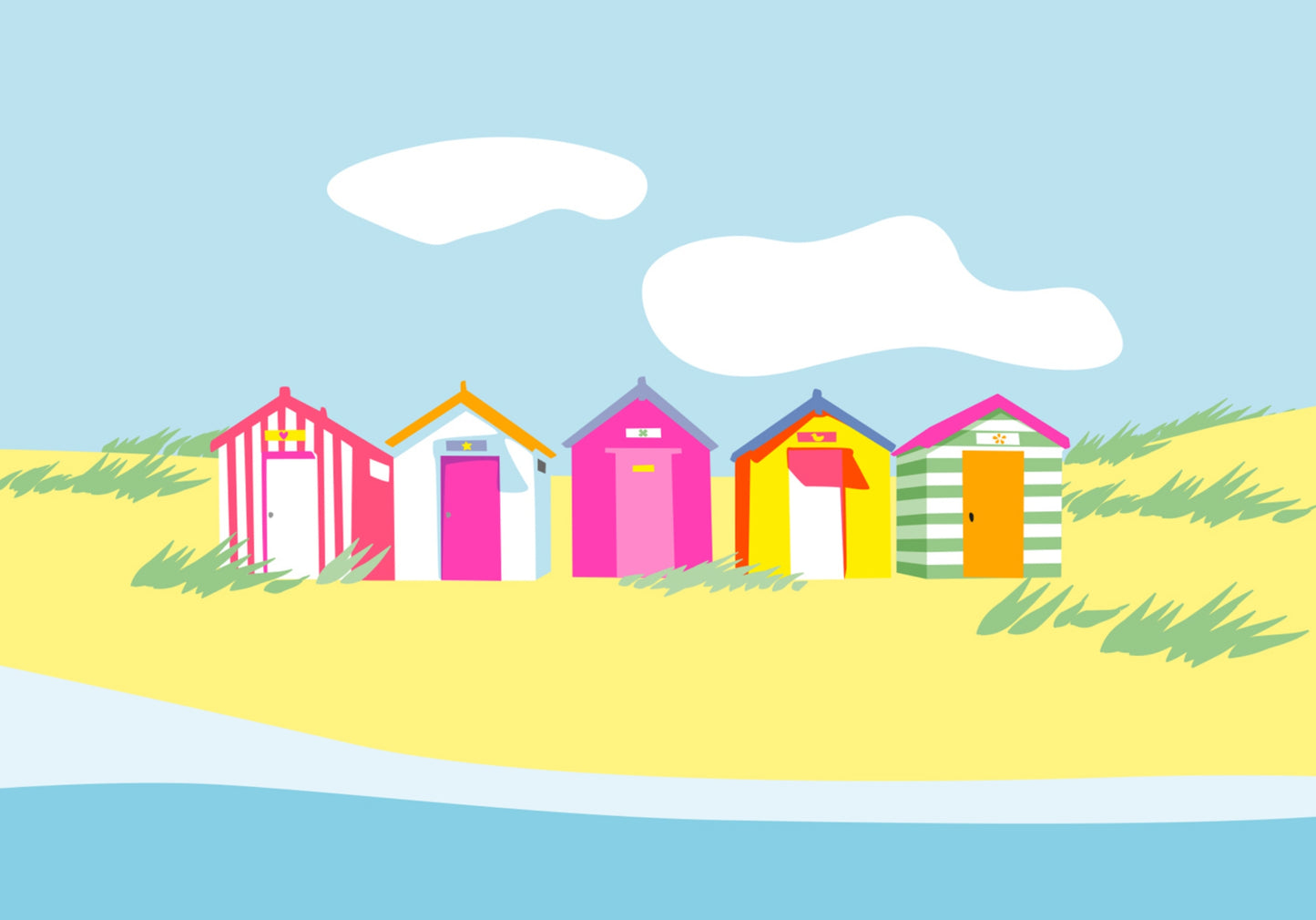 Postcard by Limoncella for Nobis Design featuring colorful beach huts on a sandy shore with a blue sky and white clouds.