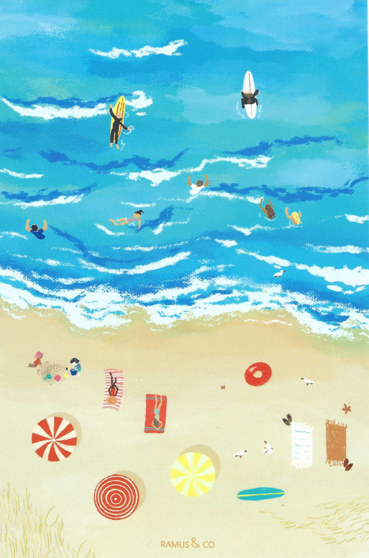 Beach People Postcard by Ramus & Company featuring an illustration of a beach scene with people, surfboards, and beach items.