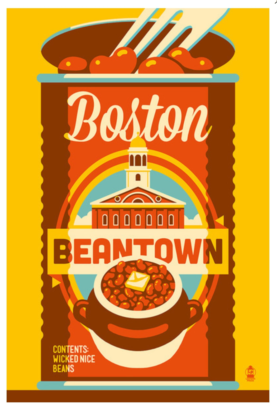 Lantern Press postcard featuring an illustration of a can of beans labeled 'Boston Beantown' with beans on a yellow background.