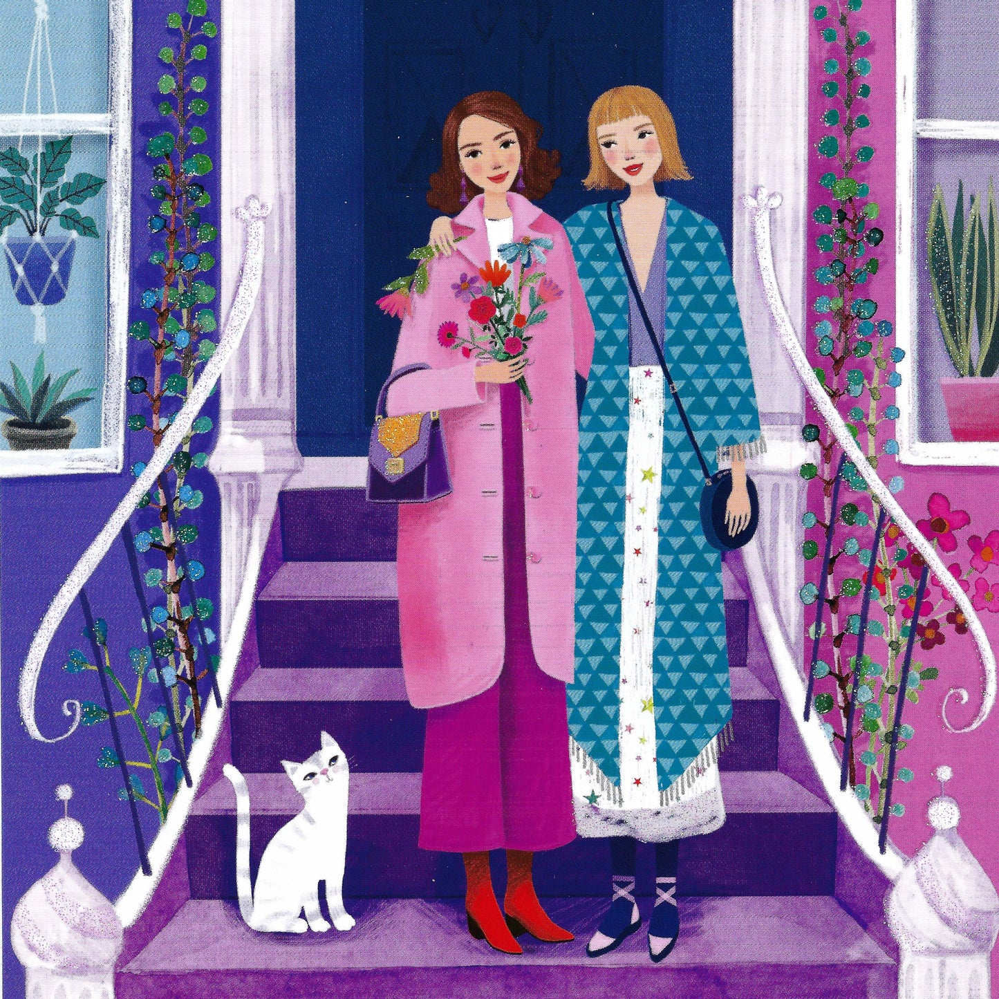 Best Friends Postcard by Mila Marquis – Edition Gollong featuring an illustration of two women standing on a staircase with a cat, surrounded by plants and colorful decor.