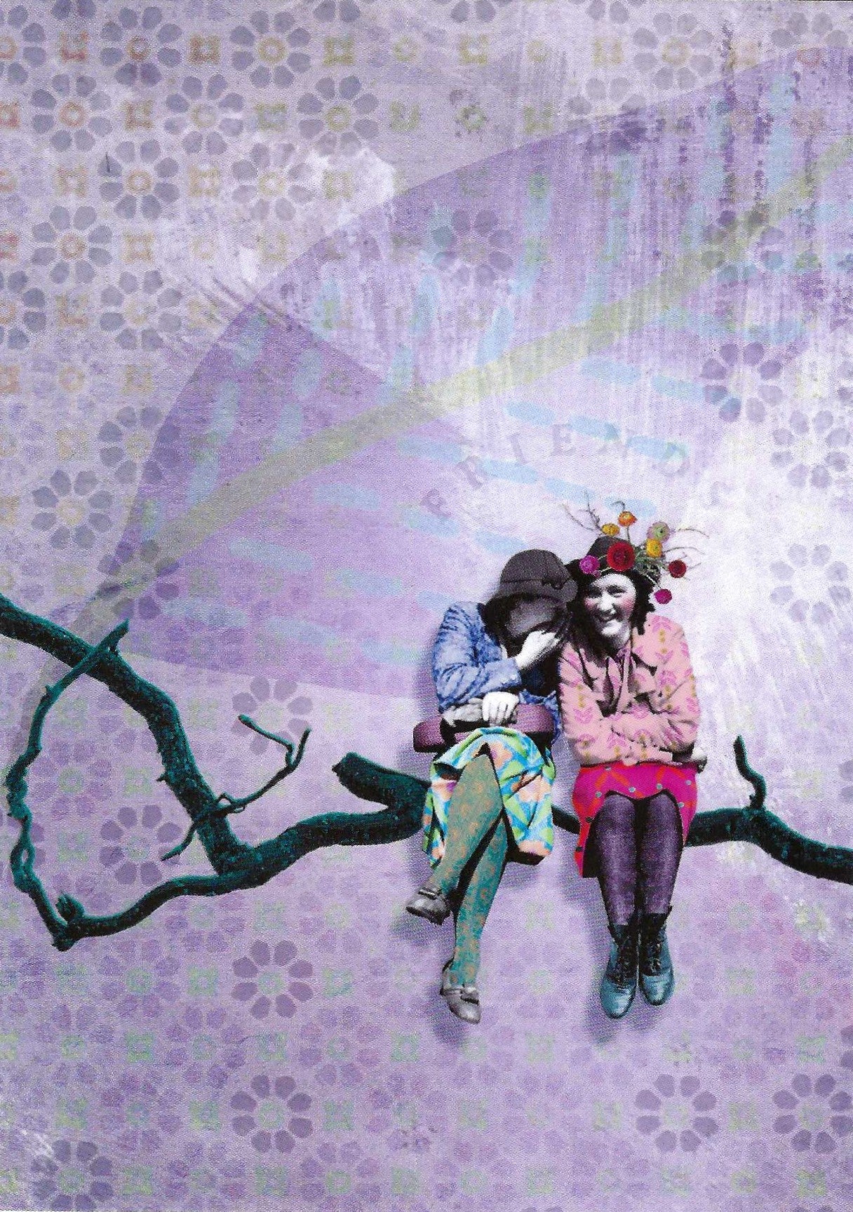 Best Friends Postcard by La Tack for Nobis Design featuring two women sitting on a dark branch whispering and laughing against a purple patterned background with the word "friends" in the background