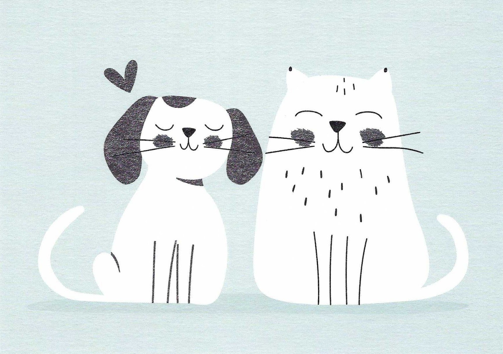 Dog and Cat Best Friends Postcard with foil details featuring an illustration of a dog and a cat on a light blue background