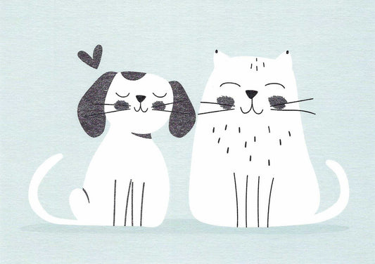 Dog and Cat Best Friends Postcard with foil details featuring an illustration of a dog and a cat on a light blue background