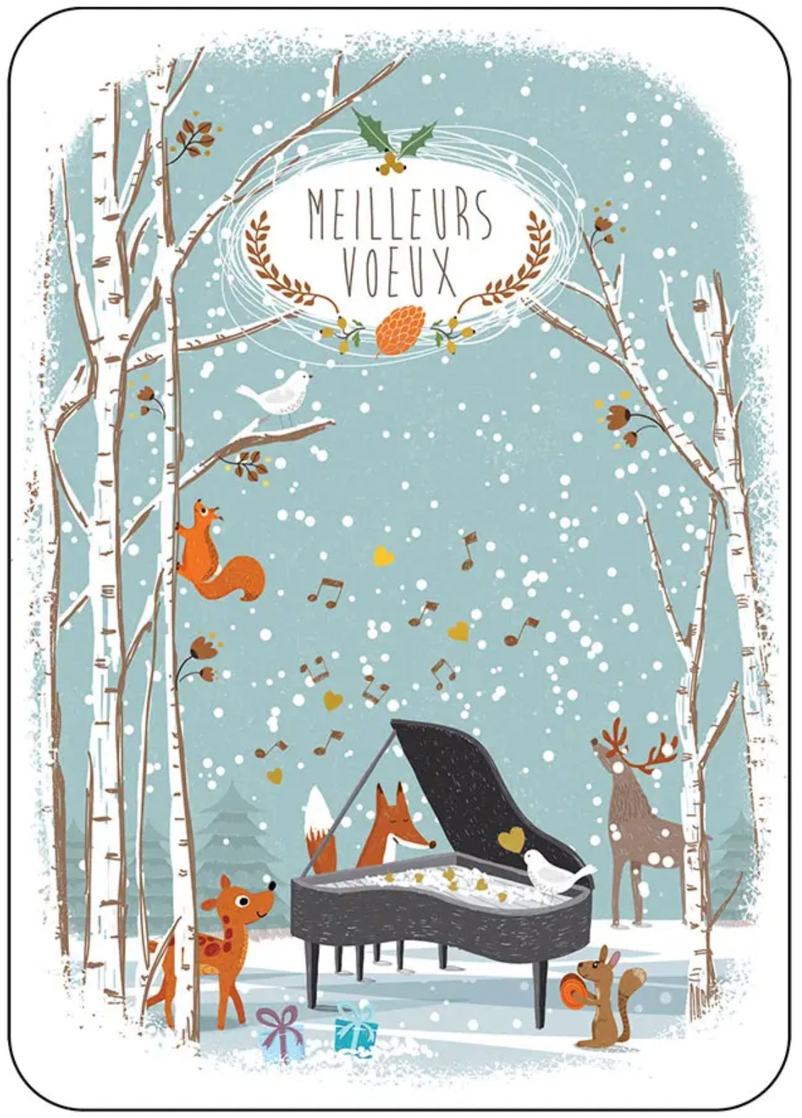 Best Wishes Postcard by Cartes d’Art featuring a festive winter illustration with the French text 'Meilleures Voeux' at the top. The scene shows a snowy forest with birch trees, a black grand piano, a white bird, an orange squirrel, a deer, and a fox, all set against a light blue background with falling snow.