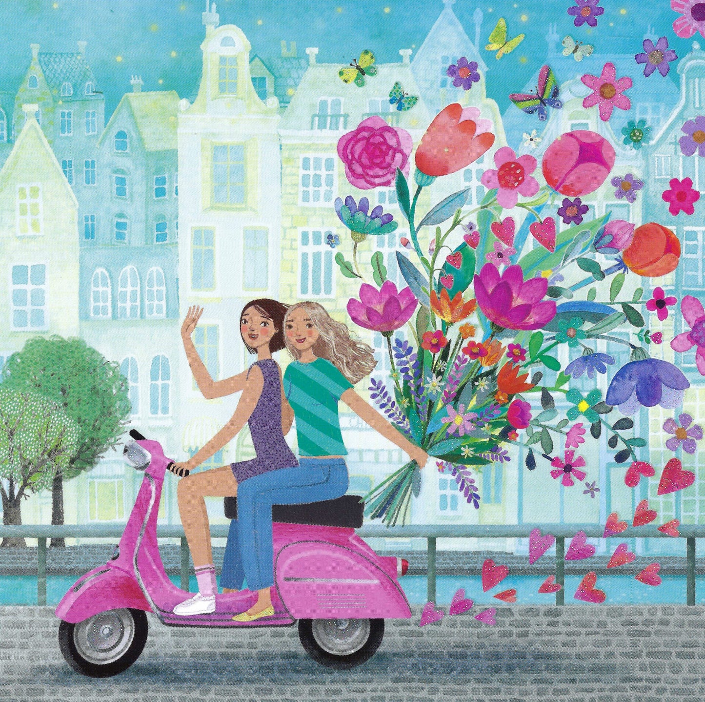 Best Friends Postcard - Two women on a scooter by Mila Marquis featuring two women on a pink scooter with a vibrant floral scene and cityscape in the background.