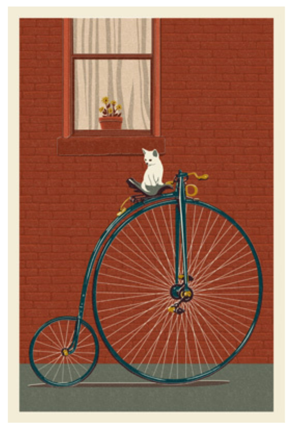 Cat & Bicycle Postcard by Lantern Press featuring an illustration of a white cat sitting on a penny-fork bicycle against a red brick wall with a window and potted flowers.