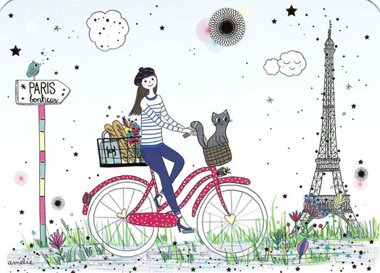 Bicycle Ride in Paris Postcard by Cartes d'Art featuring a person riding a bicycle with baguettes and flowers and a cat and the Eiffel Tower and a sign that reads Paris bonheur.