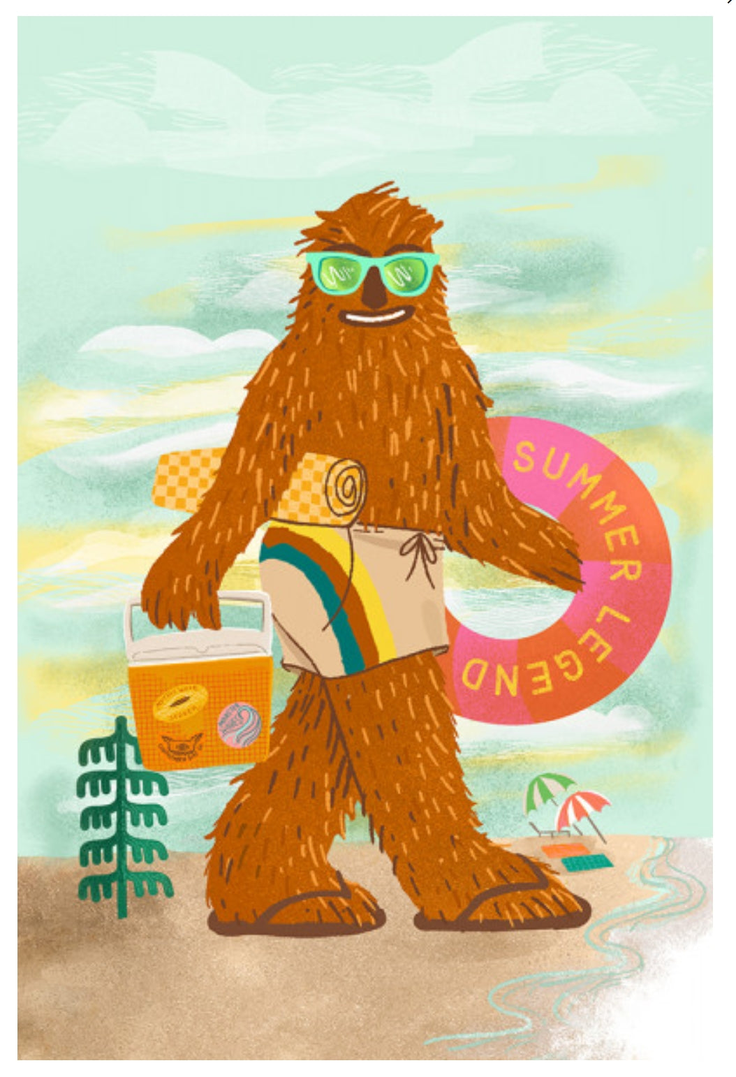 Lantern Press Postcard featuring an illustration of Big Foot in a swimsuit with sunglasses and a pink 'Summer Legend' floatie on a beach.