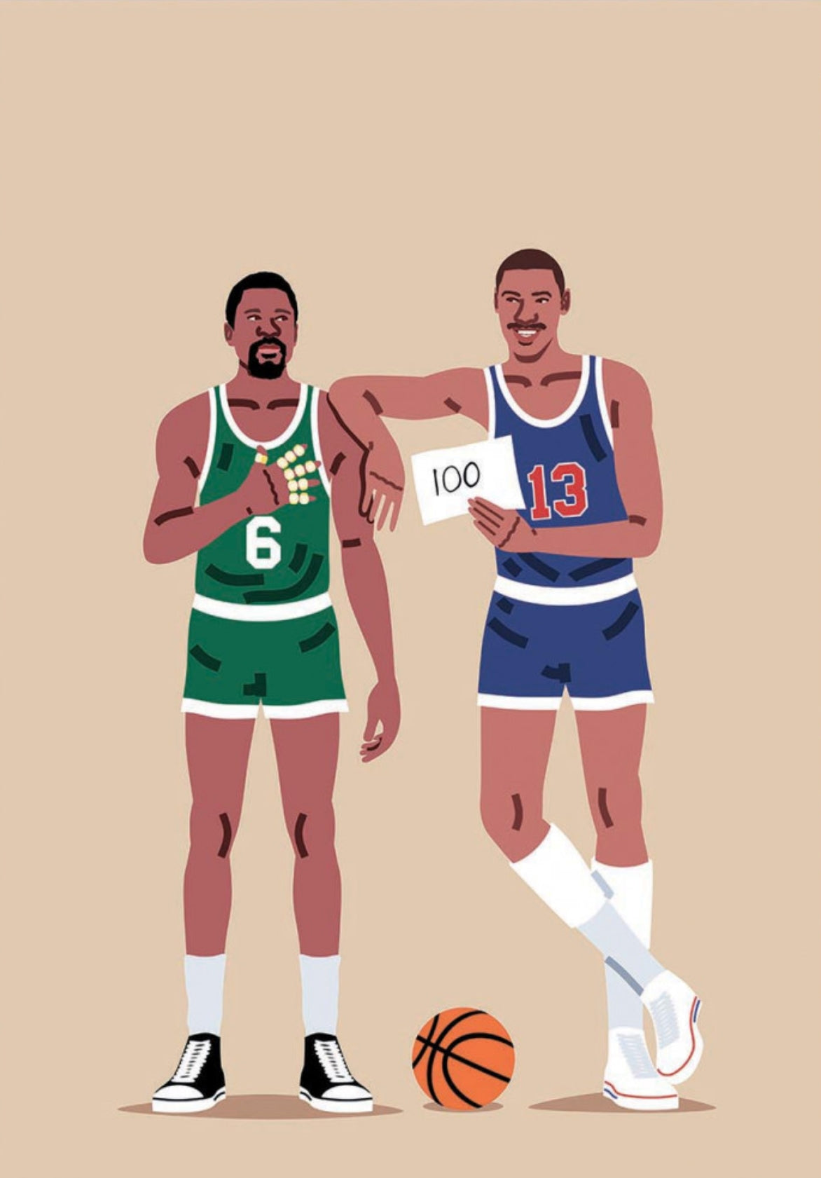 Basketball Postcard Illustrated by Elad Shagrir featuring an illustration of basketball legends Bill Russell and Wilt Chamberlain with a ball and a card showing the number 100, on a beige background.