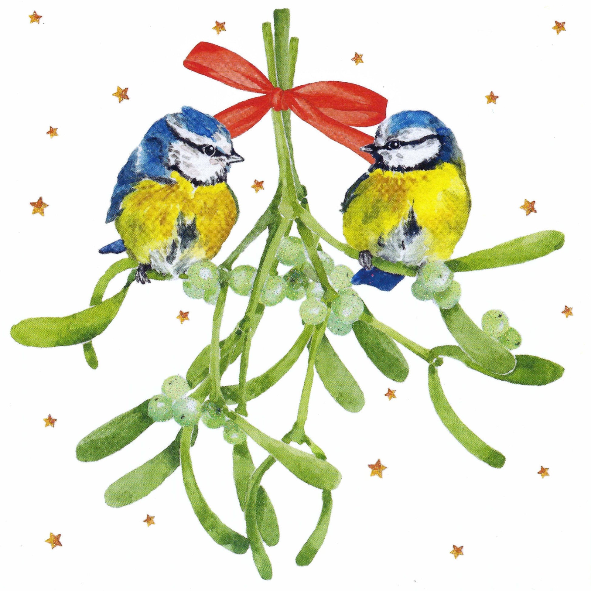 Edition Gollong postcard featuring two birds perched on mistletoe with a red bow, surrounded by small glittery stars on a white background.