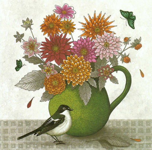 Bird and a Bouquet Postcard by Editions Titi Pinson featuring a decorative image of a green vase with flowers and a bird.