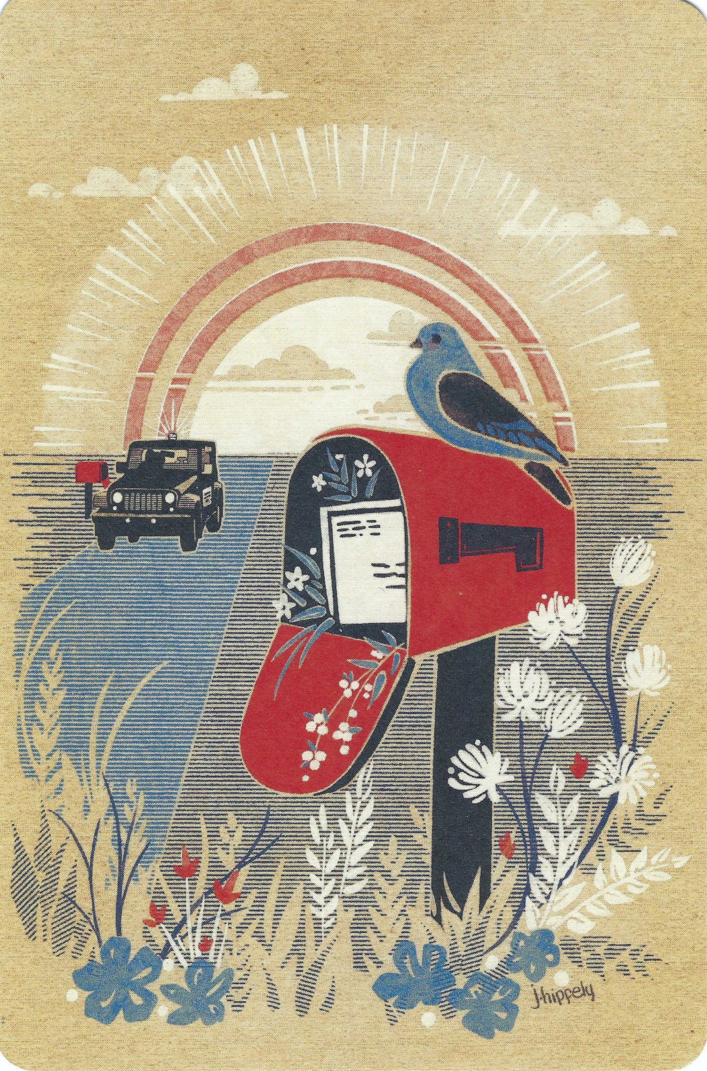 Bird on a Mailbox Postcard by FoxFern Studios showing an illustration of a red mailbox with a bird, mail truck and flowers.