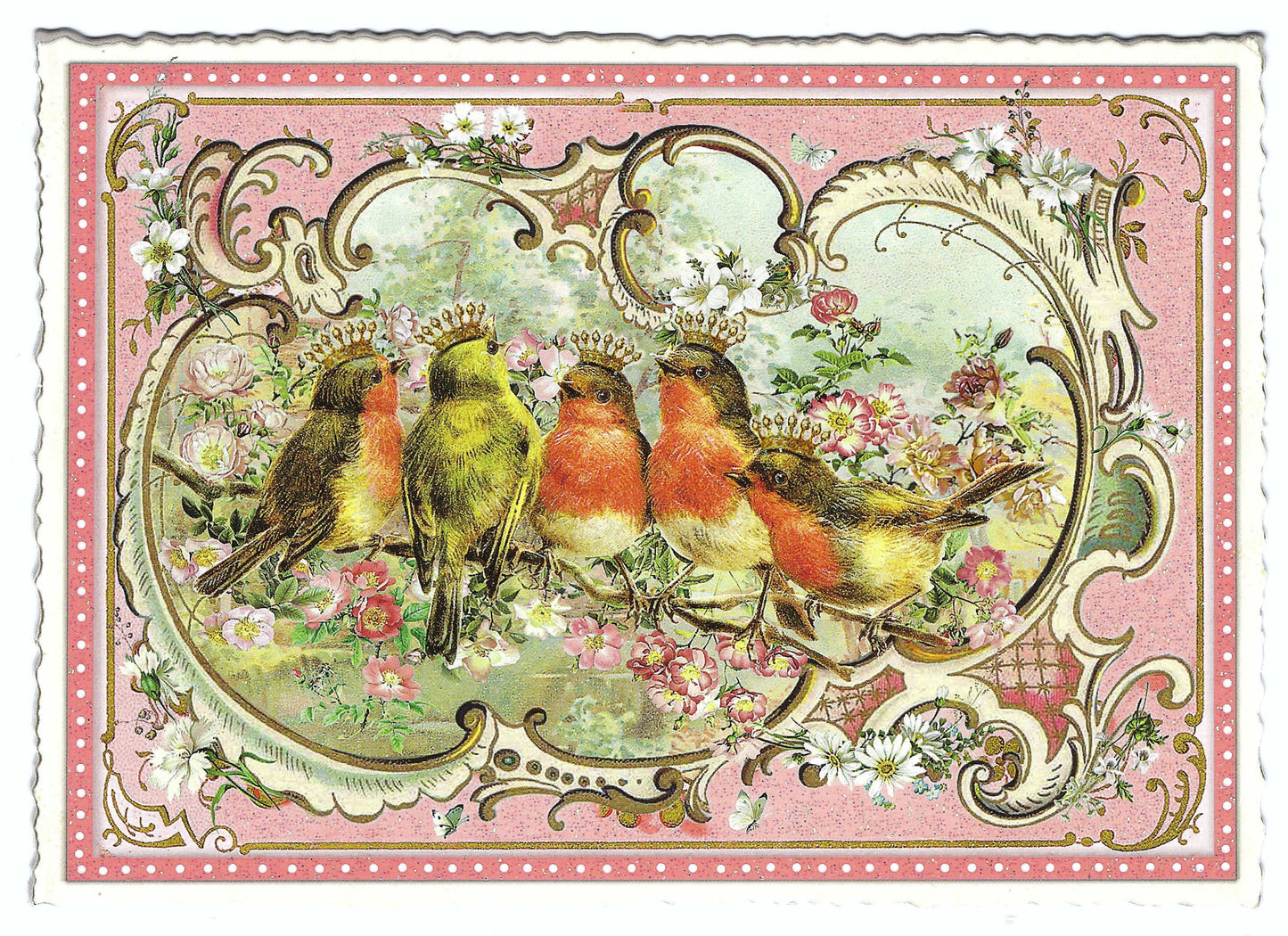 Birds Postcard by Edition Tausendschönf featuring a decorative postcard with birds and floral design on a pink background