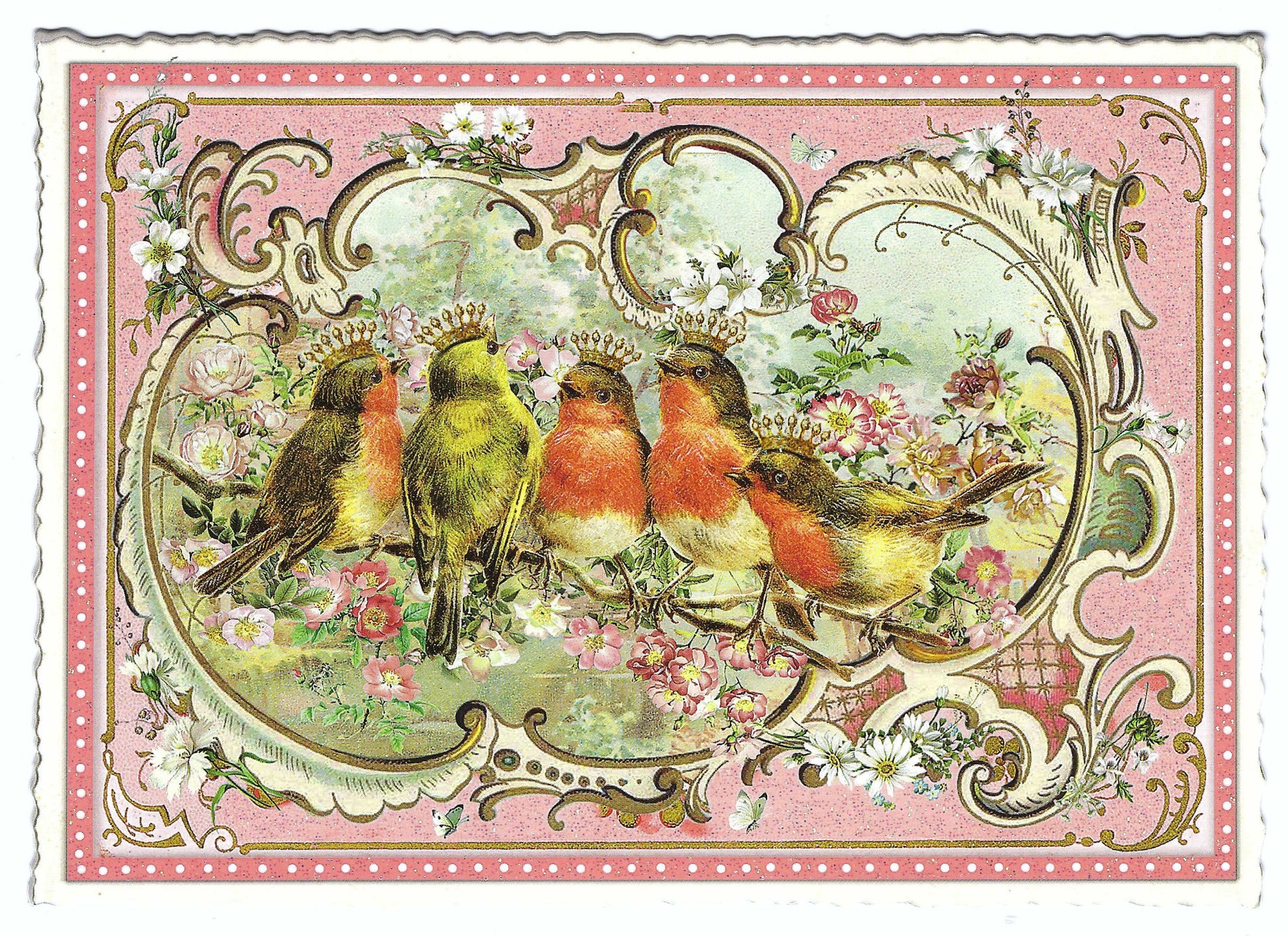 Birds Postcard by Edition Tausendschönf featuring a decorative postcard with birds and floral design on a pink background
