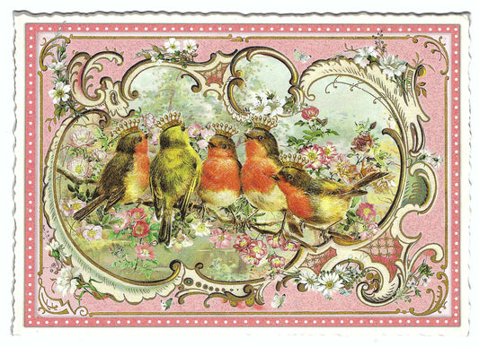 Birds Postcard by Edition Tausendschönf featuring a decorative postcard with birds and floral design on a pink background