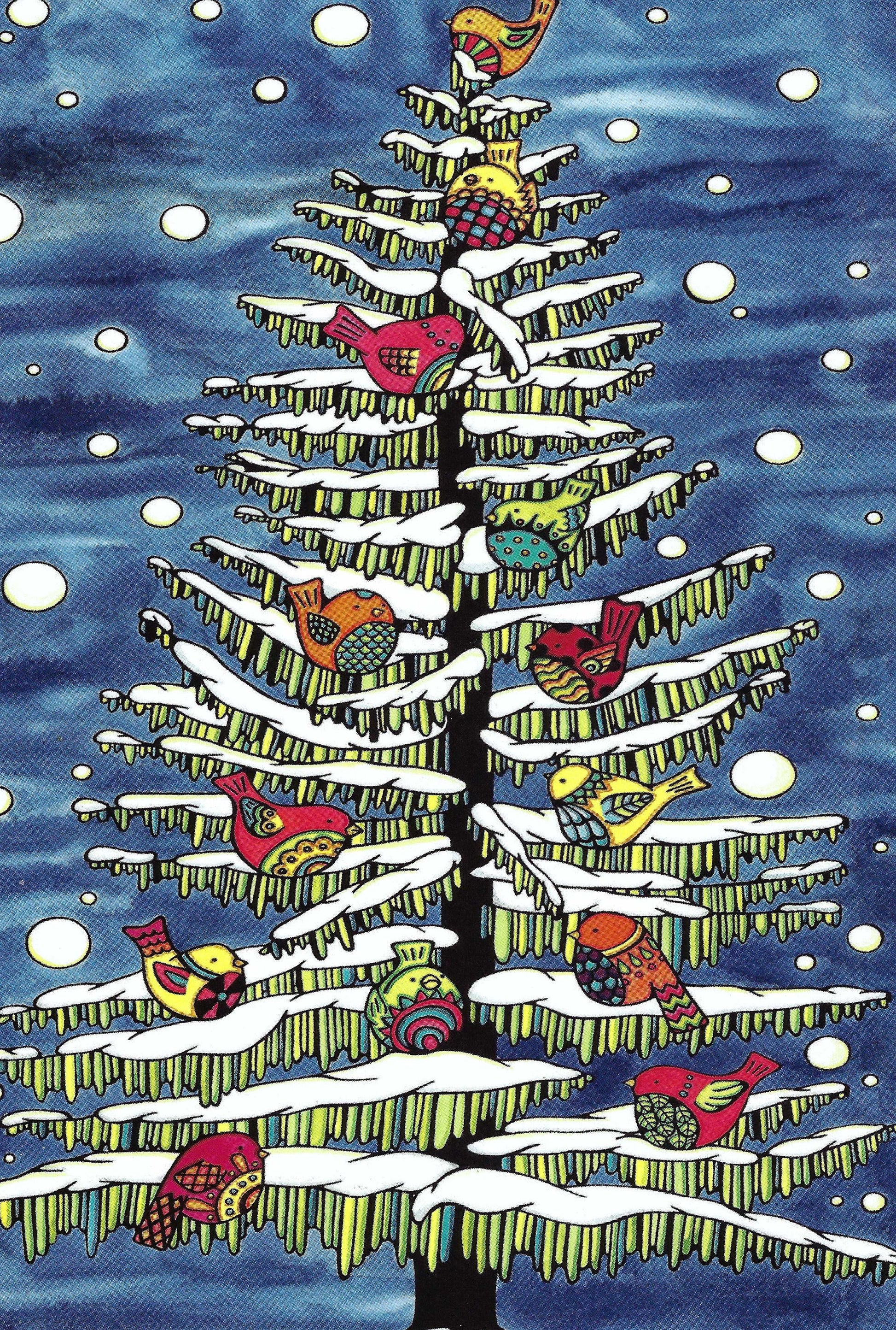 Birds in Tree Postcard by Sarah Angst Art featuring colorful birds perched on a snow-covered tree against a blue night sky.