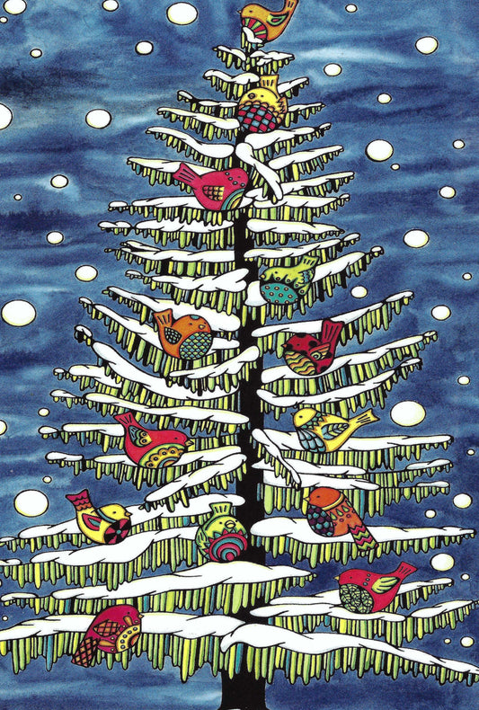 Birds in Tree Postcard by Sarah Angst Art featuring colorful birds perched on a snow-covered tree against a blue night sky.